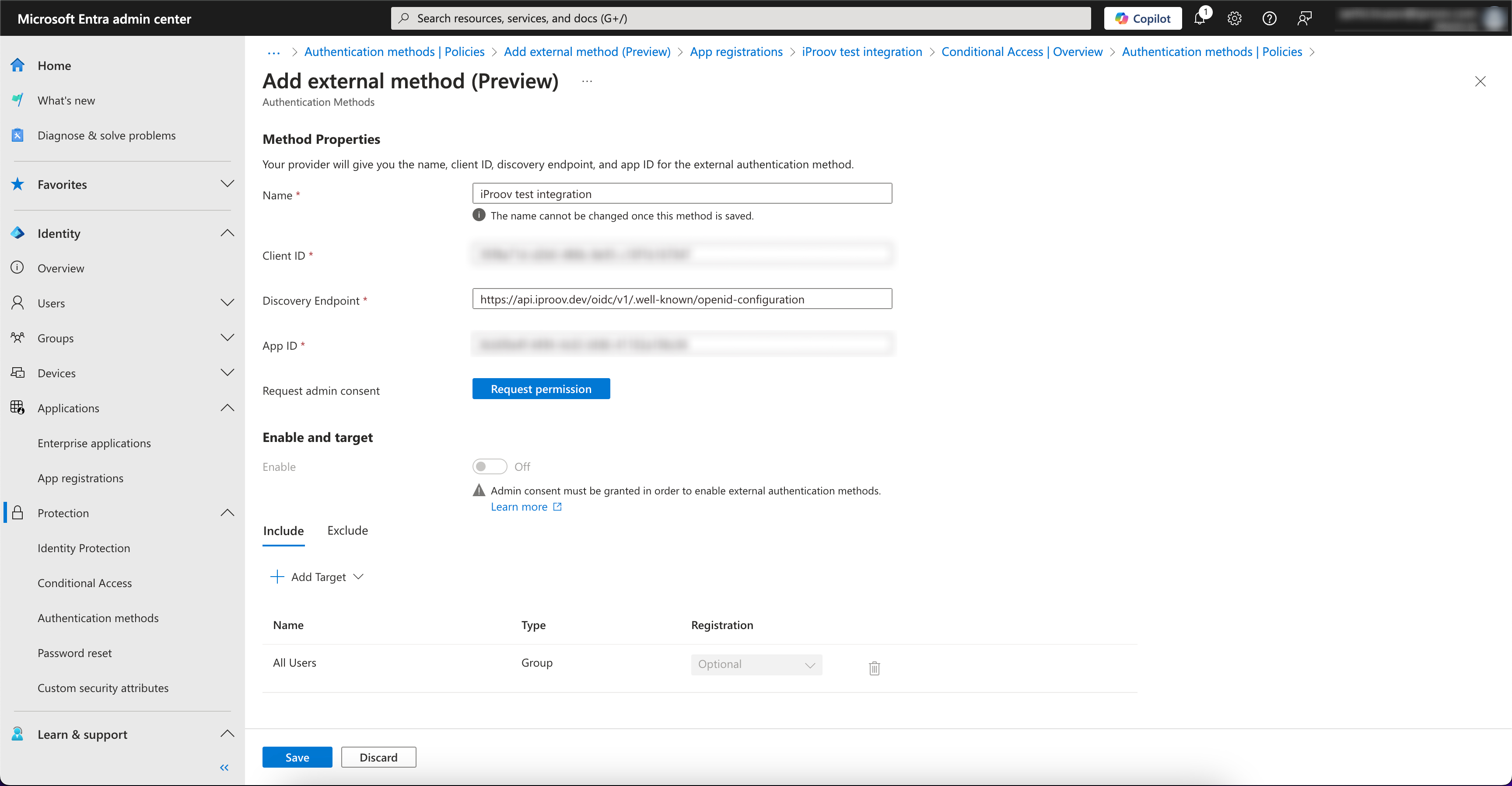 Entra external method configuration