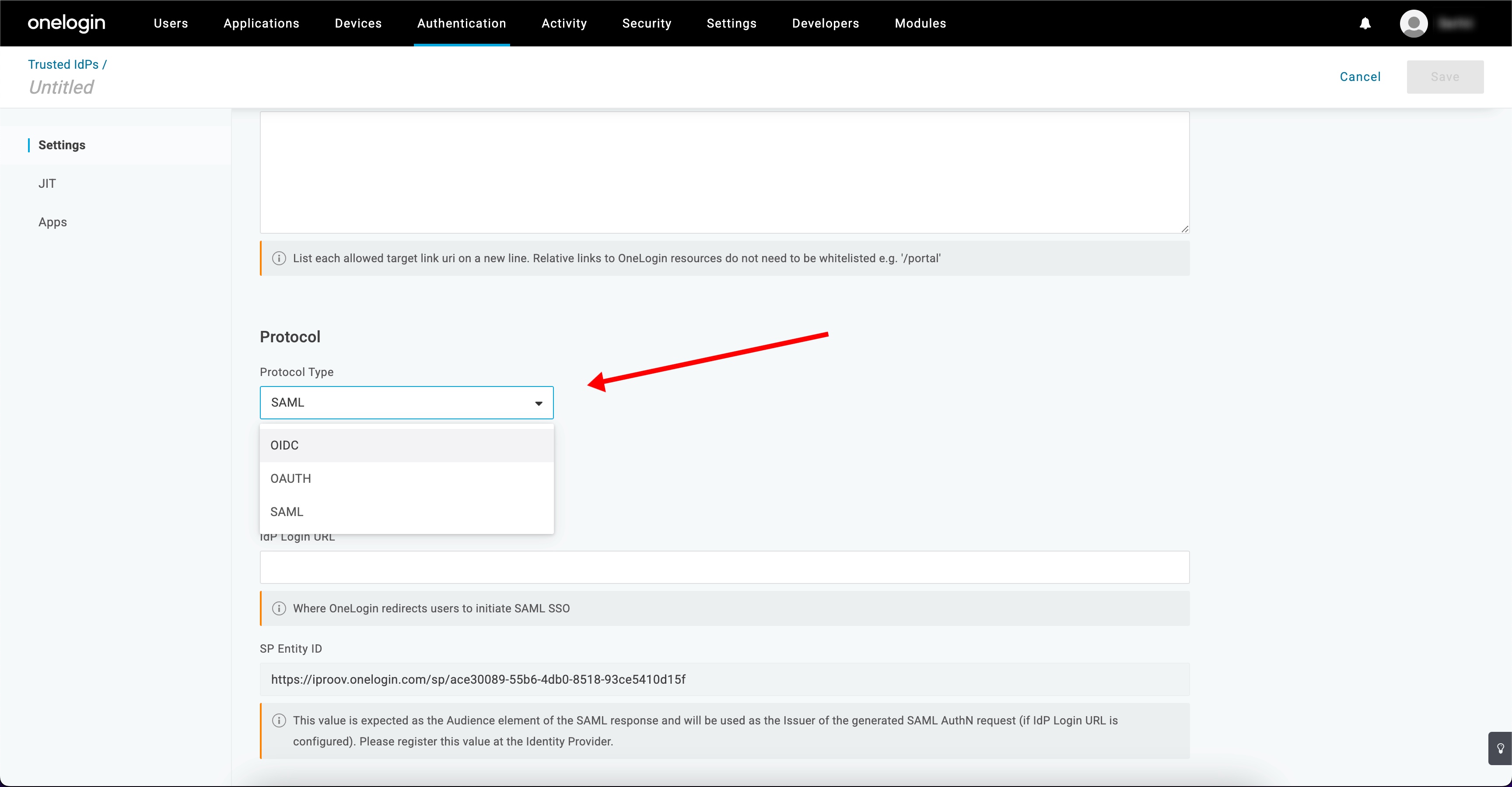 OneLogin IdP name and protocol