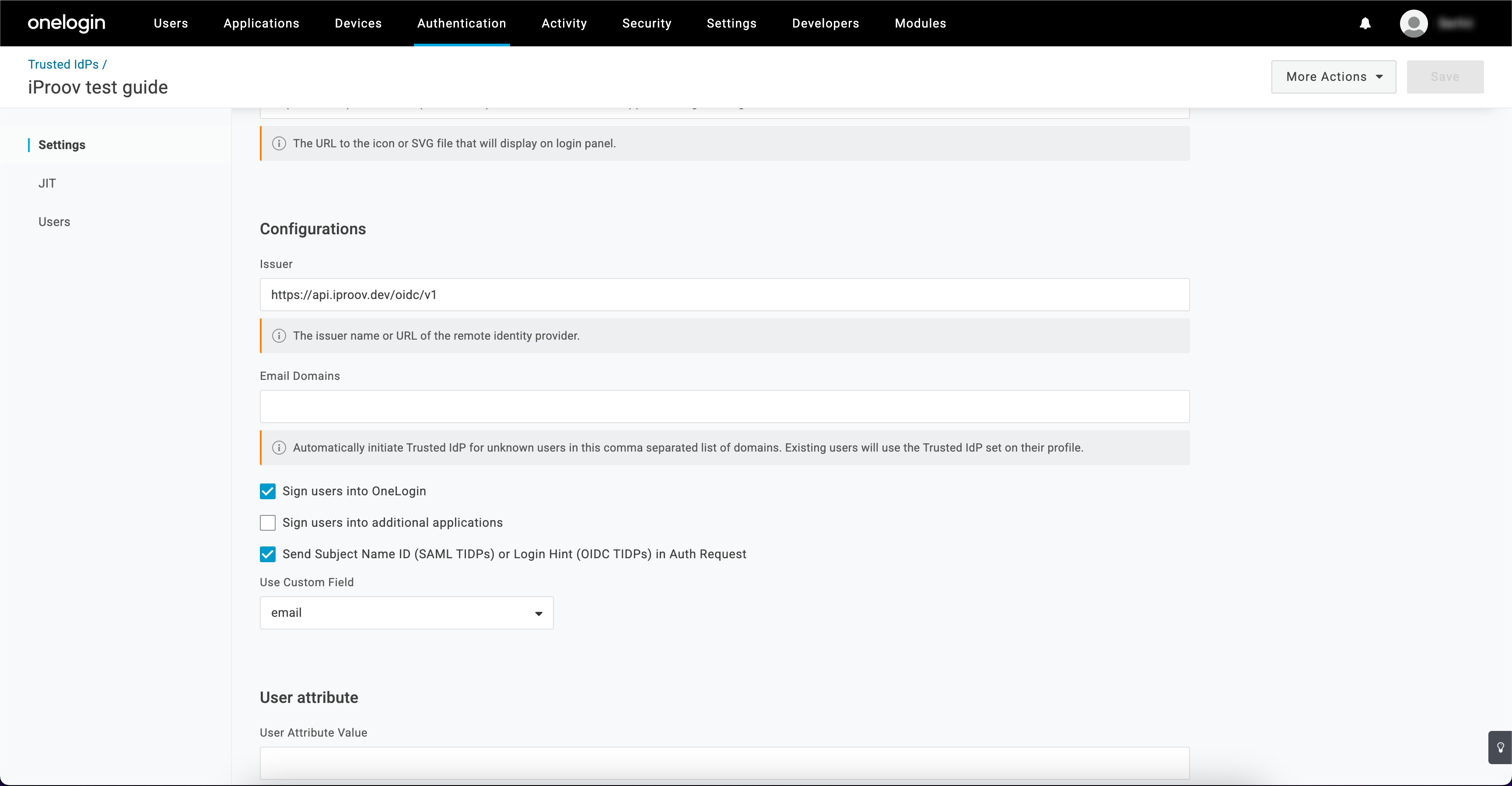 OneLogin trusted IdP configuration